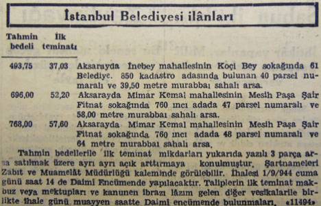 1944 yılında Aksaray'da 64 metrekare arsa 768 liraya satılacakmış!
