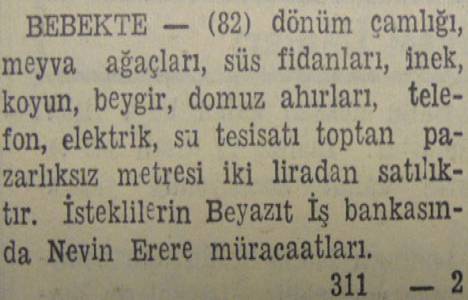 1946 yılında Bebek'te 82 dönüm arazi metrekaresi 2 liradan satılacakmış!