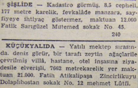 1949 yılında Küçükyalı'da 7.662 metrekare arsa 21.000 liraya satılacakmış!