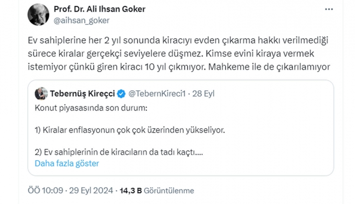 Ev sahiplerine her 2 yıl sonunda kiracıyı evden çıkarma hakkı verilmeli! 