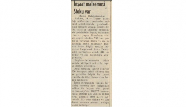 1954 yılında inşaat malzemesi stoku 750 tona ulaşmış!