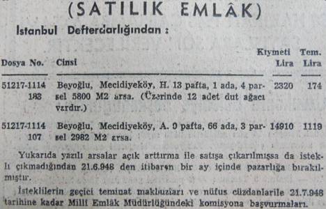 1948 yılında Mecidiyeköy'de 5.800 metrekare arsa 2.230 liraya satılacakmış!