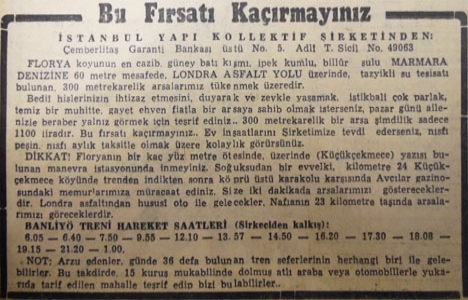 1953 yılında Florya'da 300 metrekare arsa 1.100 liraya satılacakmış!