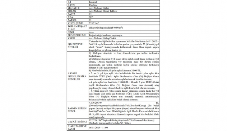 Vakıflardan Üsküdar da kat karşılığı kira ve işletme ihalesi!