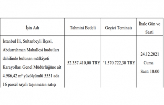 Karayolları Genel Müdürlüğü İstanbul daki gayrimenkulünü 52.3 milyon TL ye satıyor!