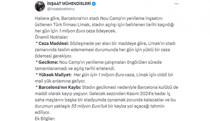 Limak, Barcelona nın stadı Nou Camp ın açılışını geciktirdiği her gün için 1 milyon Euro ceza ödeyecek! 