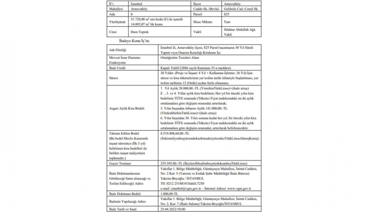 Vakıflar Bölge Müdürlüğü nden Arnavutköy de yapım karşılığı kiralama işi ihalesi!