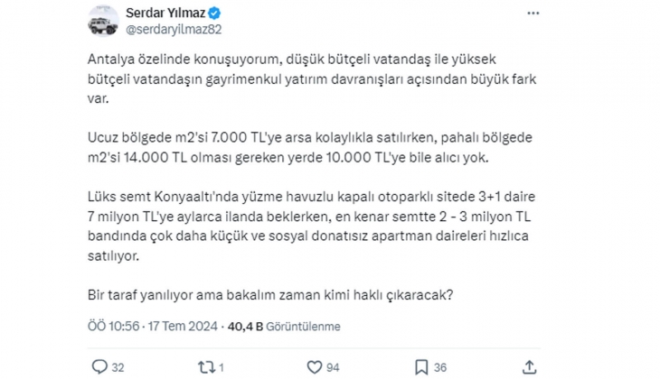 Lüks semtlerde 3+1 ev 7 milyon TL ye aylarca ilanda beklerken, kenar semtte 2-3 milyonluk donatısız evler satılıyor!