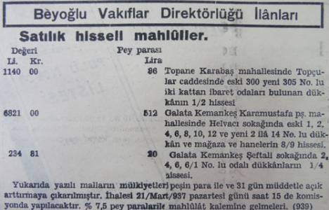 1937 yılında Beyoğlu Topçular Caddesi'nde bir dükkanın yarı hissesi 1.140 liraya satılıkmış!