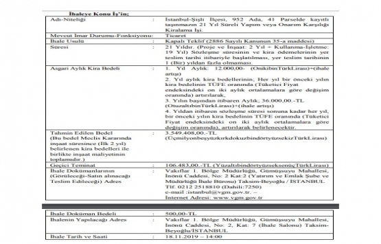 Şişli de 3.5 milyon TL ye yapım karşılığı kiralama ihalesi!