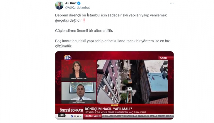 Ali Kurt: Deprem dirençli İstanbul için en hızlı çözüm, boş evleri riskli yapı sahiplerine kullandıracak bir yöntemdir!
