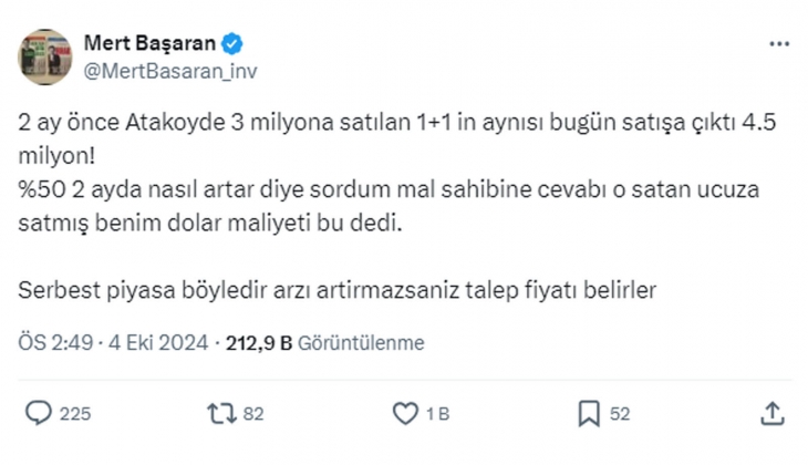 2 ay önce Ataköy de 3 milyon TL ye satılan 1+1 evin fiyatı şimdi 4.5 milyon TL! Arz artmazsa, fiyatı talep belirler!