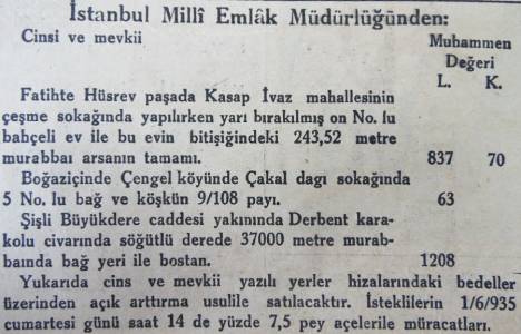 1935 yılında Şişli Söğütlü Dere'de 37 dönüm arazi 1.208 liraya satılacakmış!