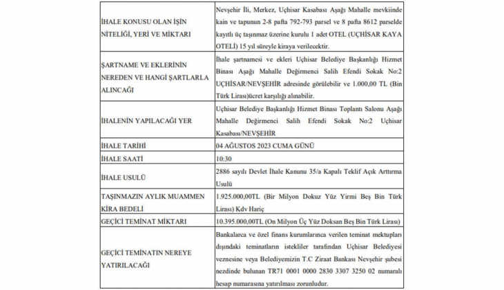 Nevşehir deki Uçhisar Kaya Oteli 15 yıllığına kiraya verilecek!