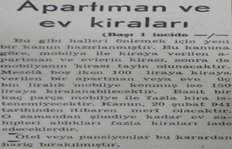 1941 yılında mobilyalı evlerin kira bedelini belediye tespit edecekmiş!