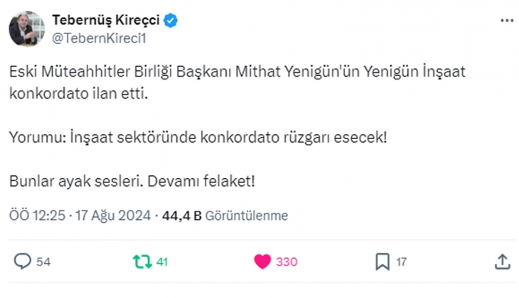 Tebernüş Kireçci devamı felaket diyerek uyardı: İnşaat sektöründe konkordato rüzgarı esecek!