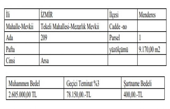 İzmir Menderes te 2.6 milyon TL ye satılık arsa!
