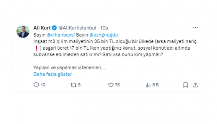 İnşaatta birim maliyeti 25 bin TL oldu! KİPTAŞ Genel Müdürü Ali Kurt: Boş konutlar ihtiyaç sahiplerine kiralansın!