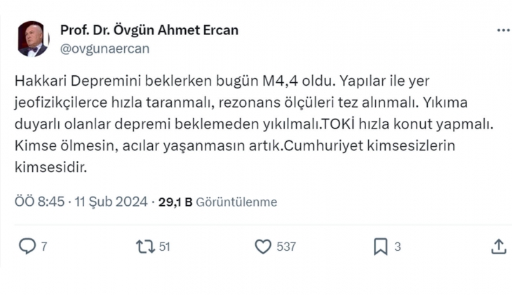 Hakkari 4.4 büyüklüğünde sallandı, deprem uzmanı Övgün Ahmet Ercan açıkladı: Hemen bunlar yapılmalı!