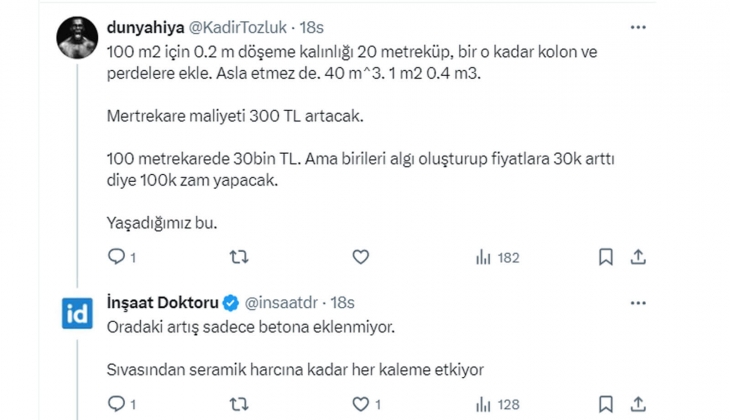 60 milyon TL olan apartman maliyeti, enflasyonla 100 milyon TL ye yükseliyor: Konut fiyatları düşmez!