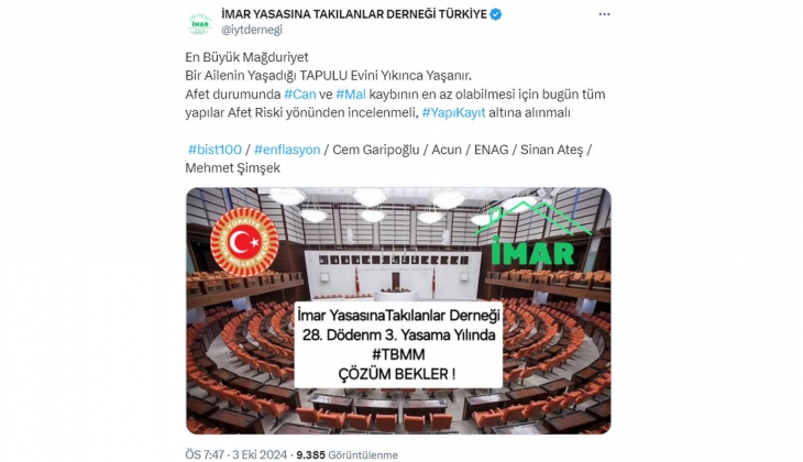 İmar Yasasına Takılanlar Derneği: En büyük mağduriyet, bir ailenin tapulu evi yıkılınca yaşanır!