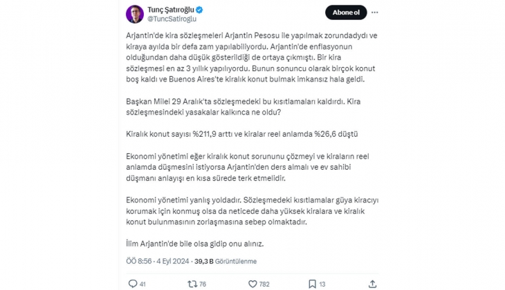 Tunç Şatıroğlu ndan konut sorununun çözümü için Arjantin örneği: Hükümet ev sahibi düşmanı anlayışını terk etmeli!