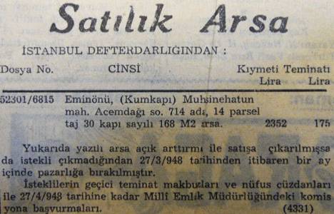 1948 yılında Ortaköy de 406 metrekare arsa 1.626 liraya satılacakmış!