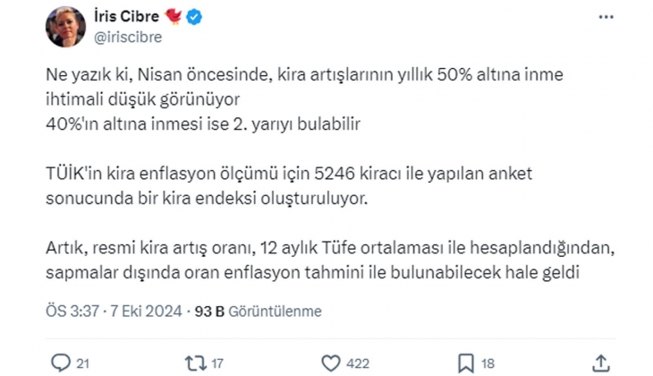 Nisan dan önce kira artışlarının yıllık yüzde 50 nin altına inme olasılığı düşük!