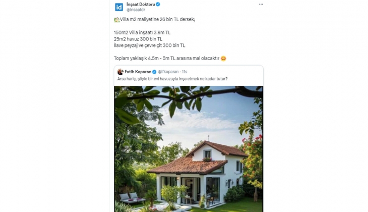 Havuzlu, iki katlı, müstakil villanın arsa hariç maliyeti ne kadar? 
