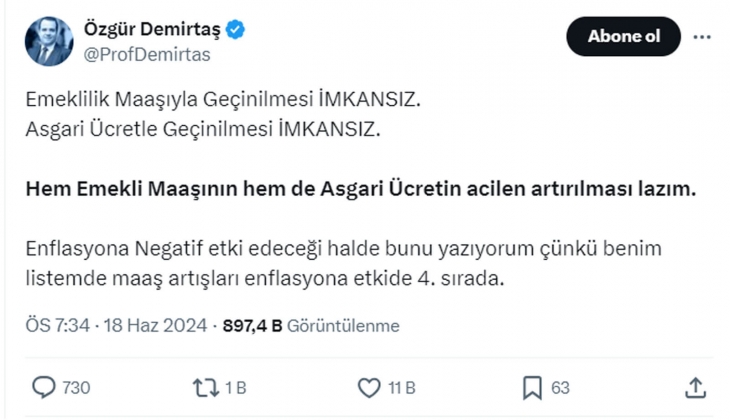 Özgür Demirtaş, emekli maaşı ve asgari ücret acilen artırılsın dedi! İşte o enflasyon detayı...