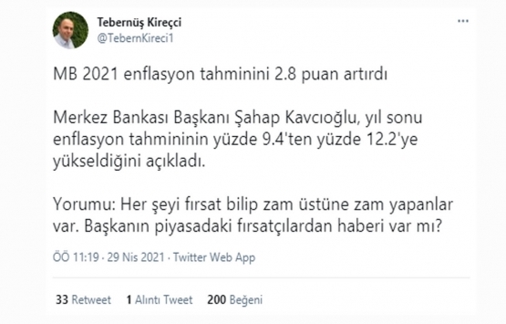 Merkez Bankası 2021 sonu enflasyon tahminini yüzde 12,2 ye artırdı!