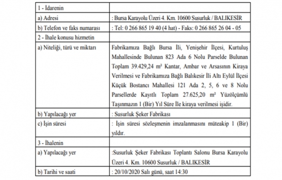 Susurluk Şeker Fabrikası ndan Bursa da kiralık gayrimenkul!