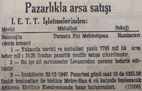 1947 yılında Halıcıoğlu'nda deniz kenarında 7.795 metrekare arsa pazarlıkla satılacakmış!