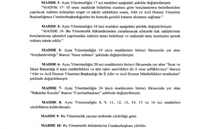 Afet Sebebiyle Yapılan Binaların Borçlandırma Bedelleri Yönetmeliğinde Değişiklik Yapılmasına Dair Yönetmelik!