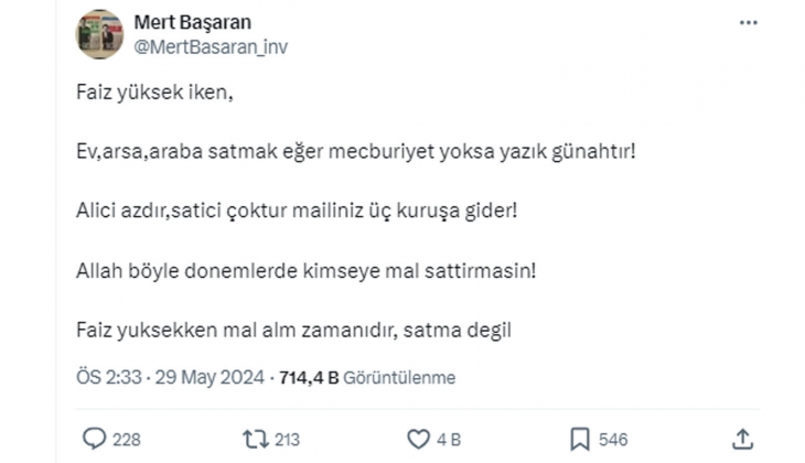 Faiz yüksekken ev, arsa, araba satılır mı? Ekonomist Mert Başaran, Malınız üç kuruşa gider dedi!