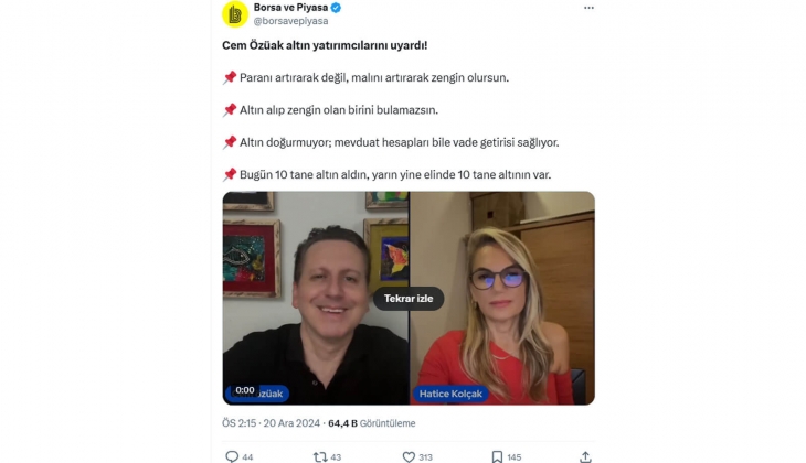 Cem Özüak tan altın yatırımcılarına uyarı: Altın doğurmuyor, mevduat hesapları bile vade getirisi sağlıyor! 