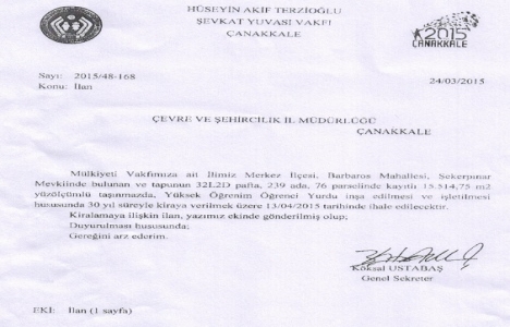 Terzioğlu Vakfı ndan Çanakkale de yurt ihalesi!