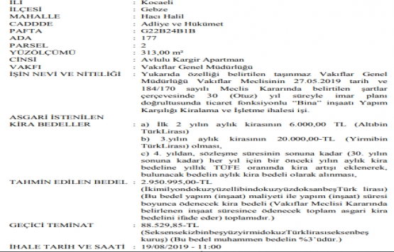 Kocaeli de inşaat karşılığı kiralama ihalesi!