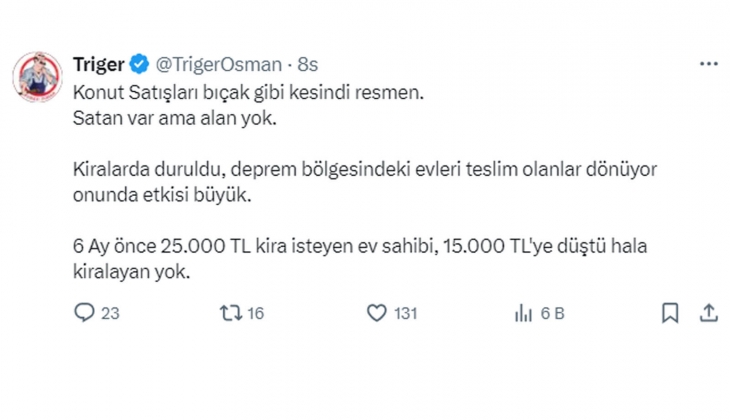 Konut alan da kiralayan da kalmadı: 6 ay önce 25 bin TL olan ev, şimdi 15 bin TL ye düştü!